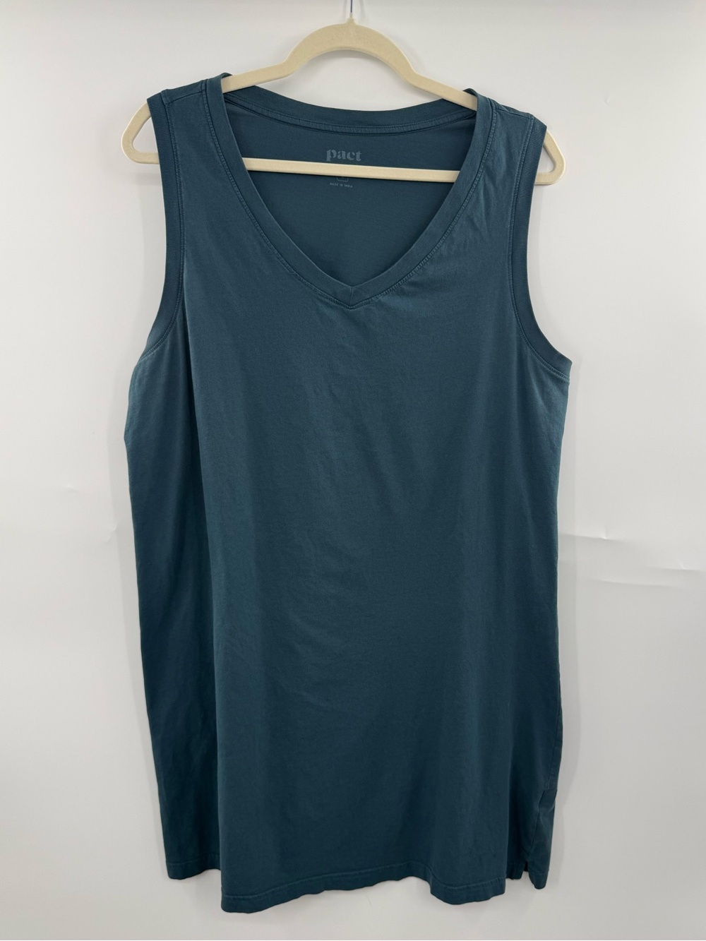 Pact Softspun V-Neck Tank Dress Women Large Blue Organic Cotton Sleeveless Mini